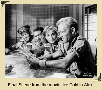 Final scene from the movie 'Ice Cold in Alex' showing the characters from the story drinking lager at the bar