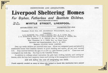 Poster for an organisation in Liverpool which offers shelter to orphan and fatherless children. It states that 200 children a year are emigrated to Canada