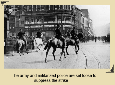 Mounted police charge protesters during the General Strike