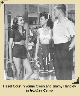 Hazel Court, Yvonne Owen and Jimmy Handley in a scene from the movie 'Holiday Camp'