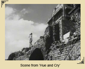 Scene from Hue and Cry: boy playing in the bombed out ruins
