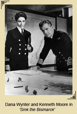 Scene from the movie 'Sink the Bismarck with Dana Wynter and Kenneth Moore in the map room